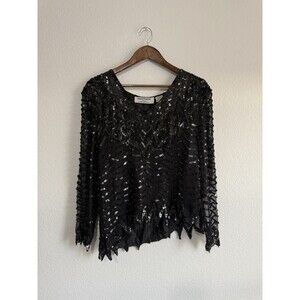 Mystique Black Sequin Top Long Sleeve Sheer NYE  XL
